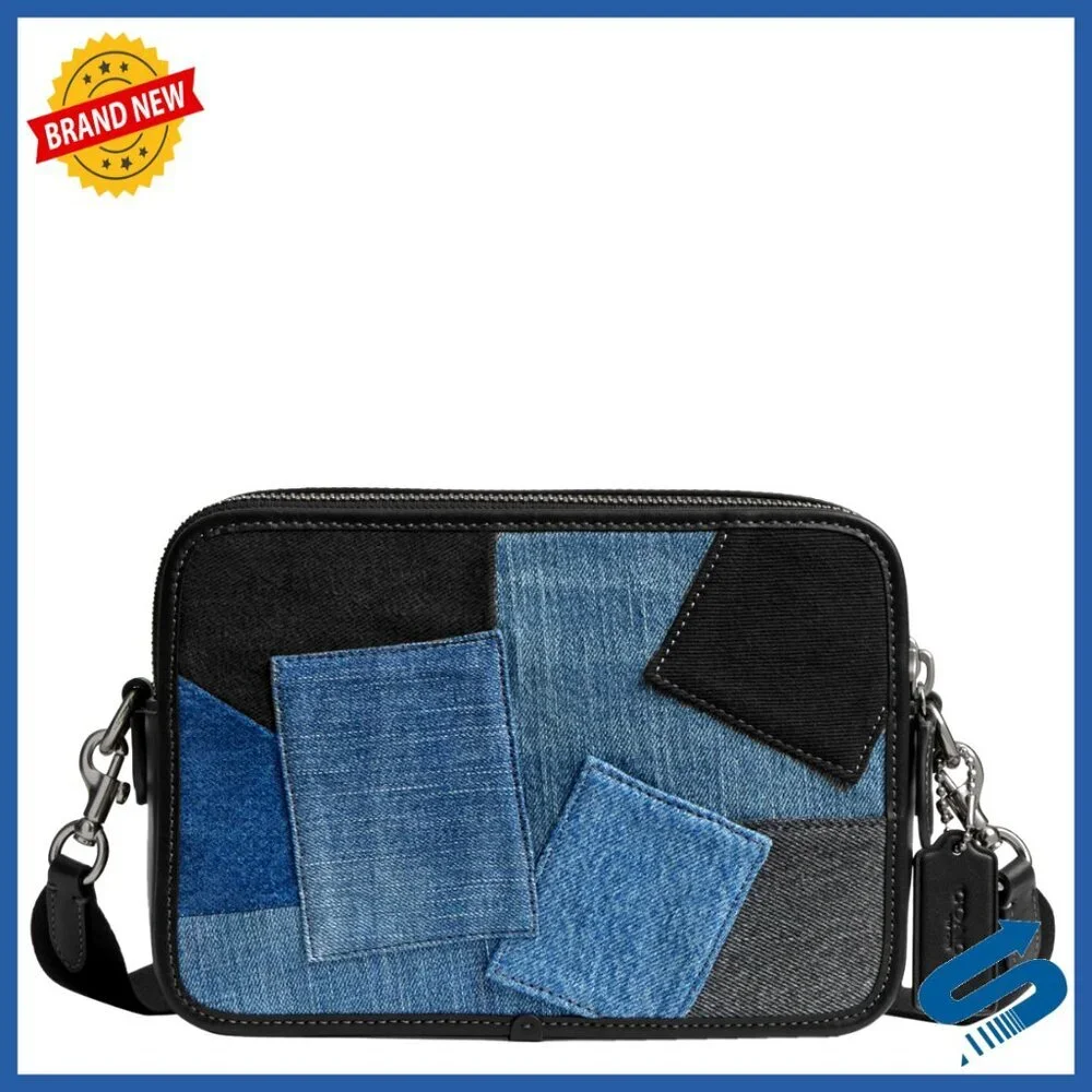 Men's Denim Leather Crossbody Bag with Two Zip Compartments Adjustable Strap